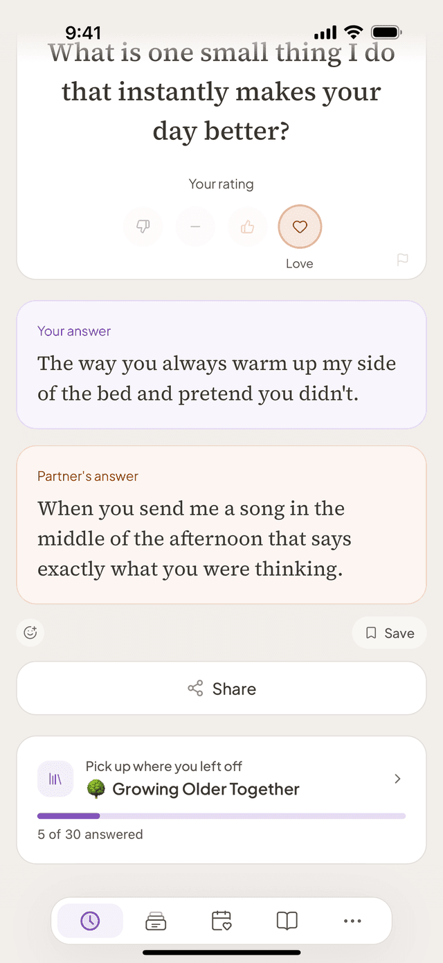 Both partners' answers revealed side by side