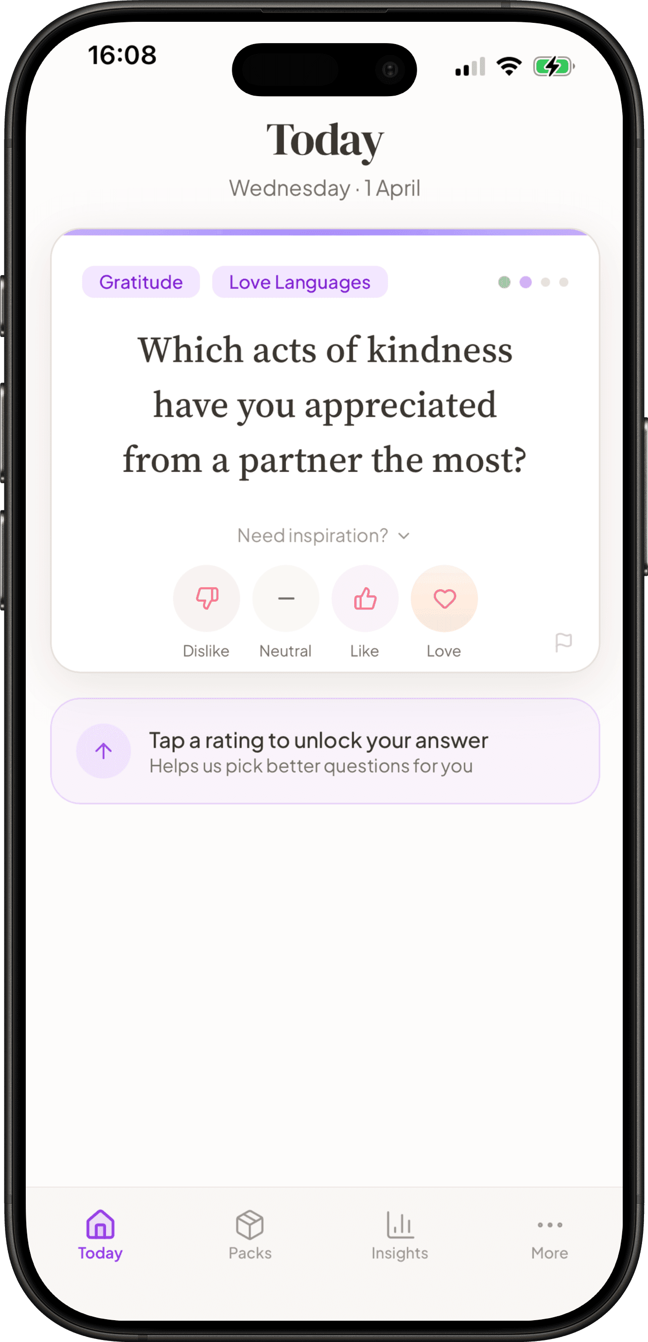 Daily question card arriving in the Aperi app