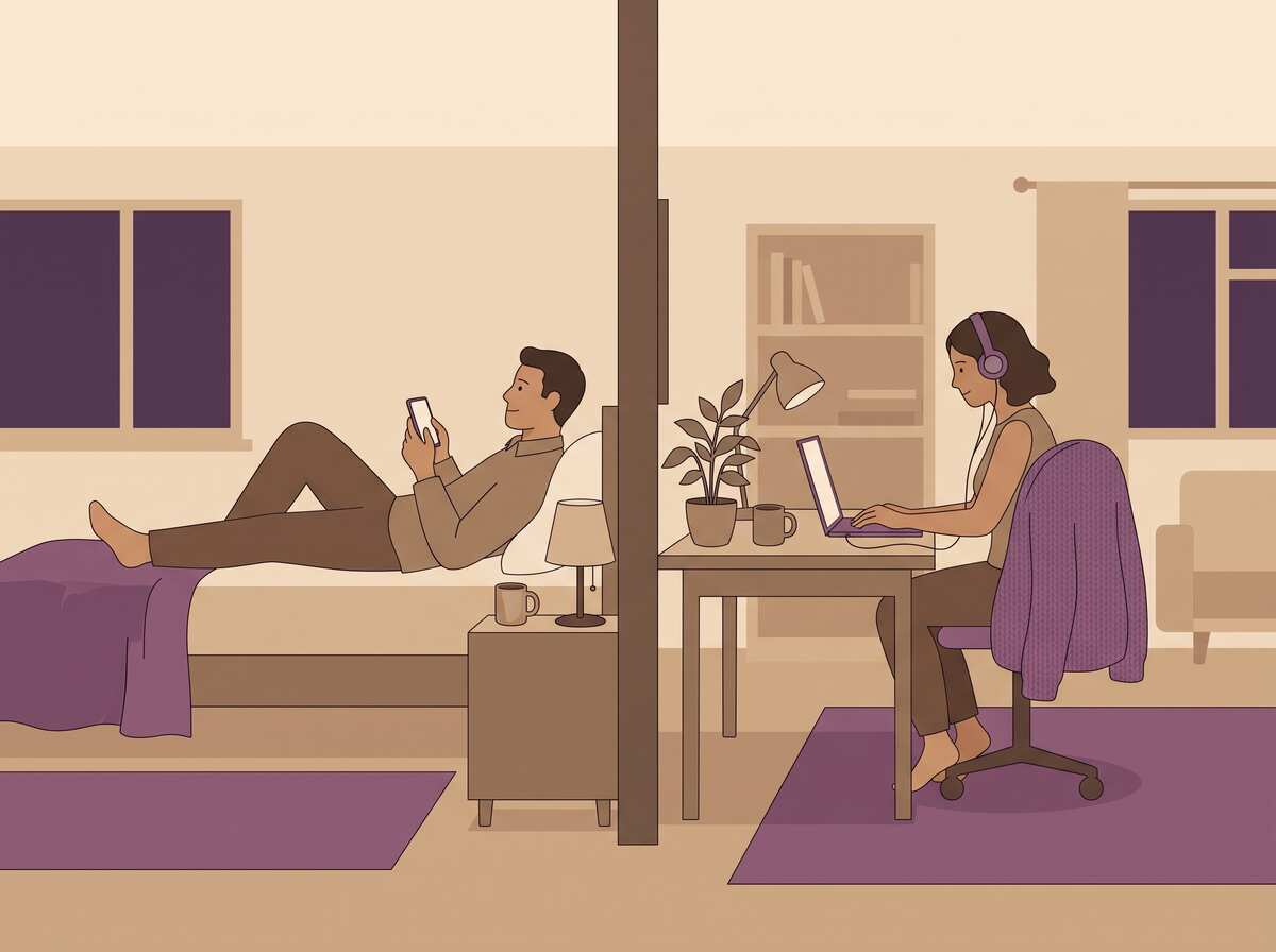 Two partners in separate rooms of the same apartment, each absorbed in their own screen.