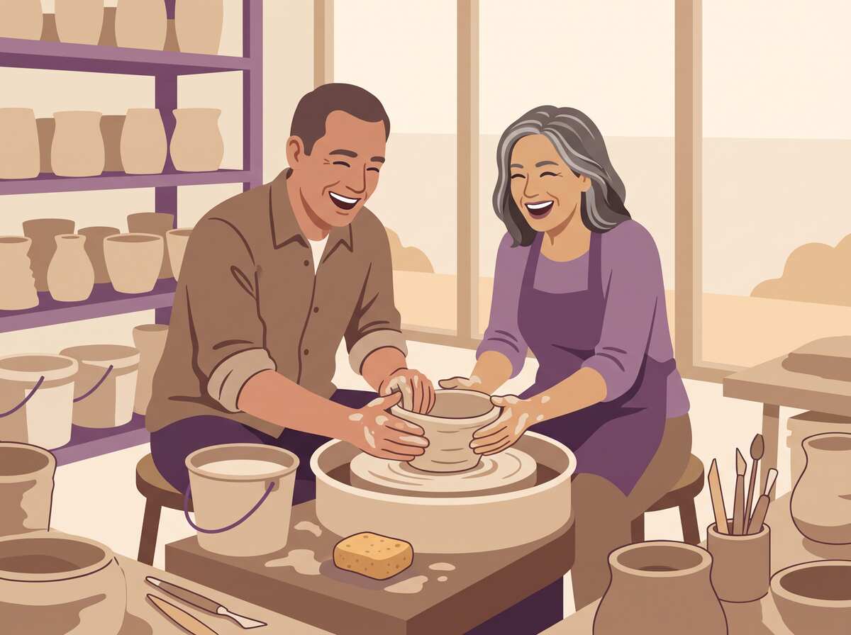 A couple in their fifties laughing as they shape a lopsided bowl at a pottery wheel.