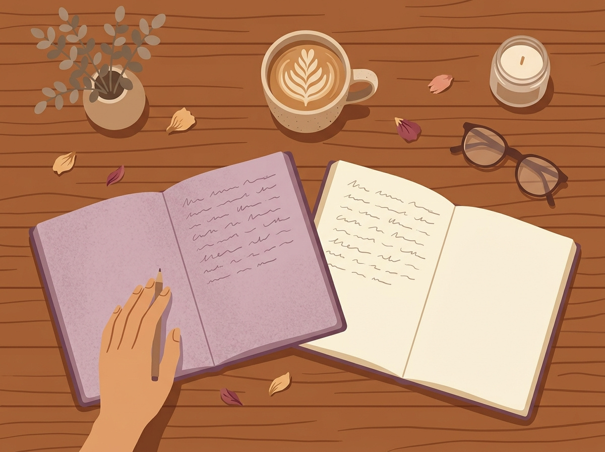 Two journals open on a wooden table with coffee and a candle