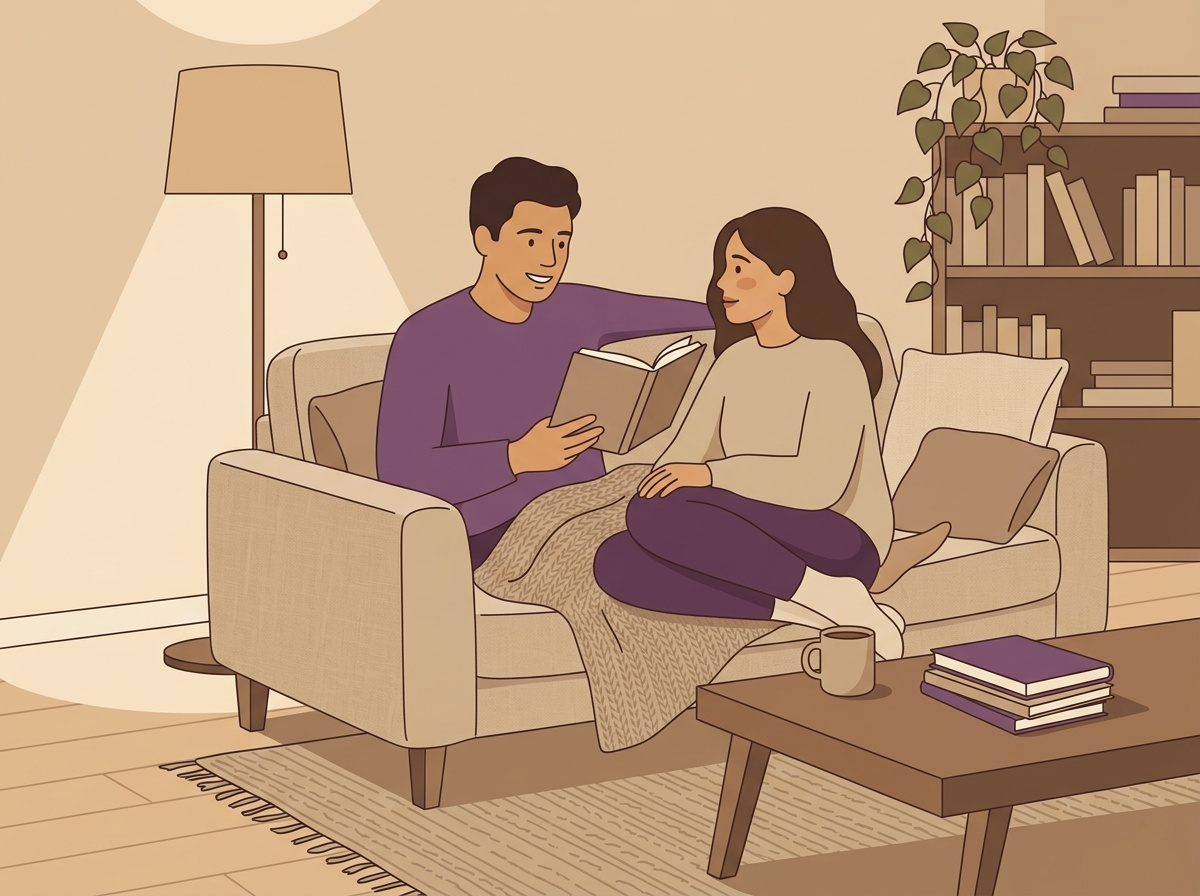 A couple sharing journal entries on the couch in warm evening light