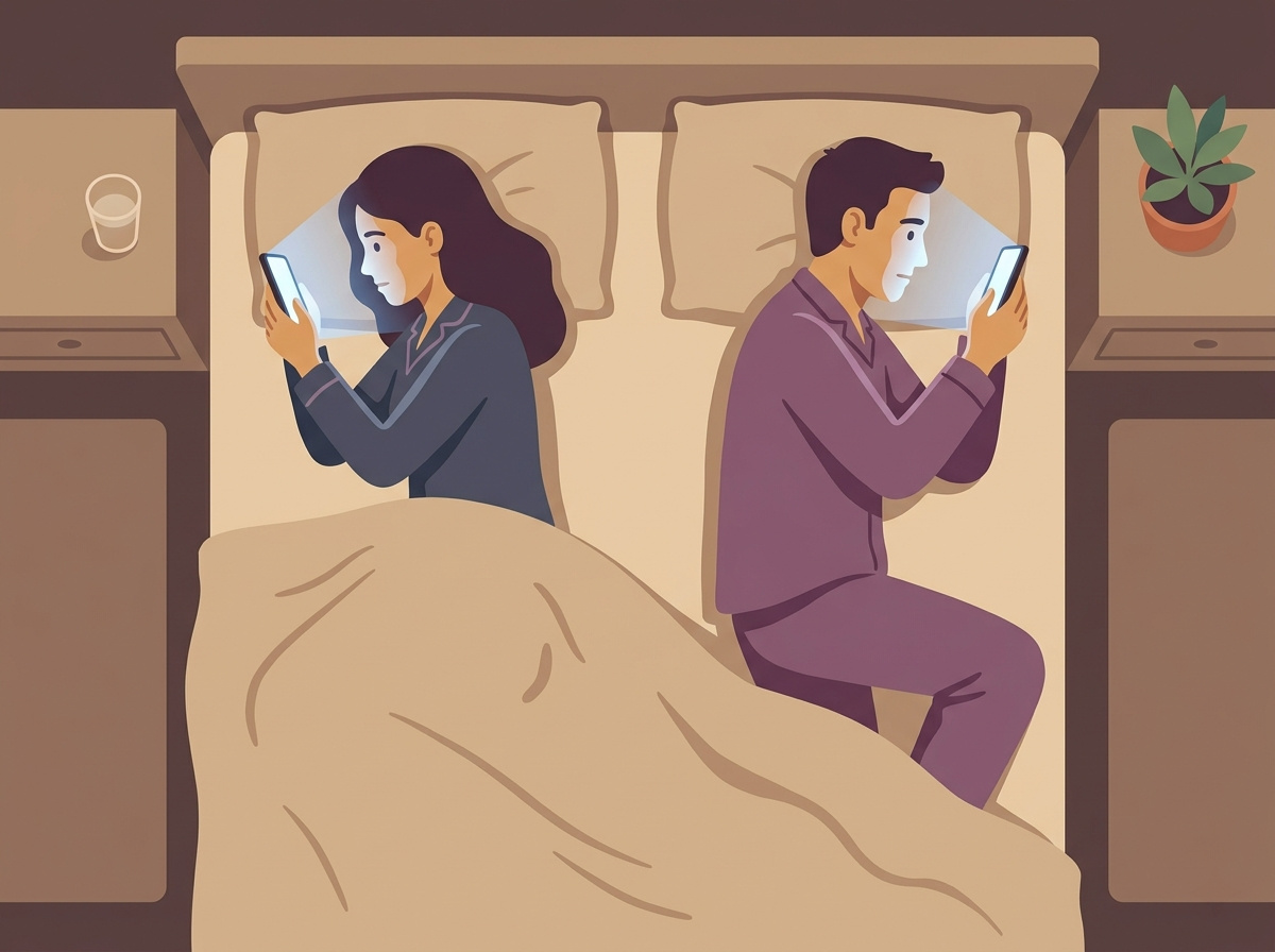 A couple lying in bed at night, each staring at their own phone — together but completely apart