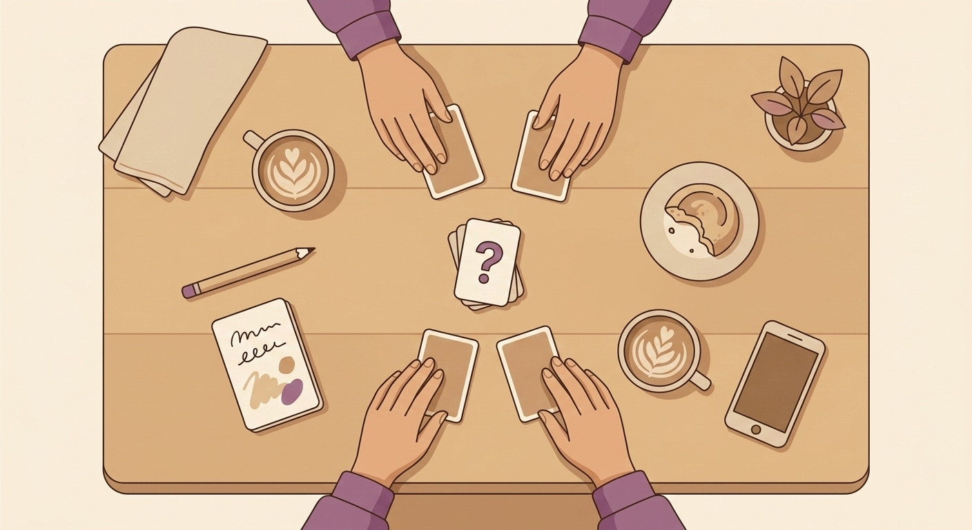 Two pairs of hands placing question cards face-down on a wooden table, surrounded by coffee cups and notebooks