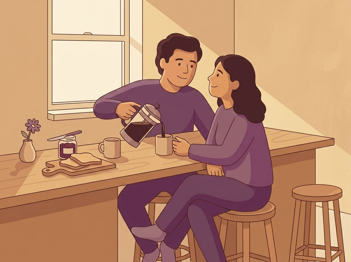 A couple sitting close together at a kitchen counter, one pouring coffee for the other in the morning light