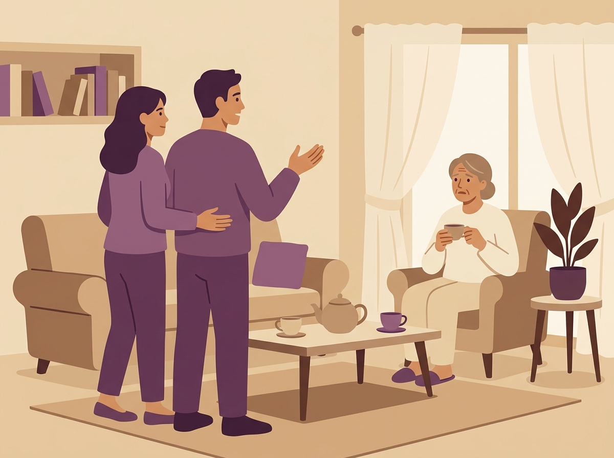 A couple standing united, calmly setting a boundary with a parent in a living room