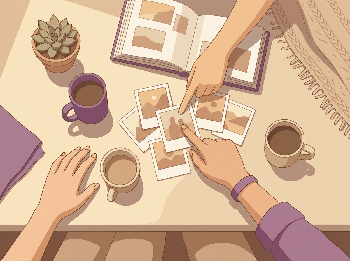 Two pairs of hands over a coffee table, pointing at scattered polaroid photos and an open album