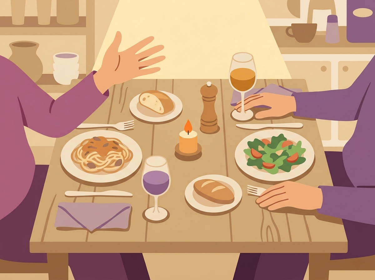 A couple sharing dinner at a candlelit table, one person gesturing while talking