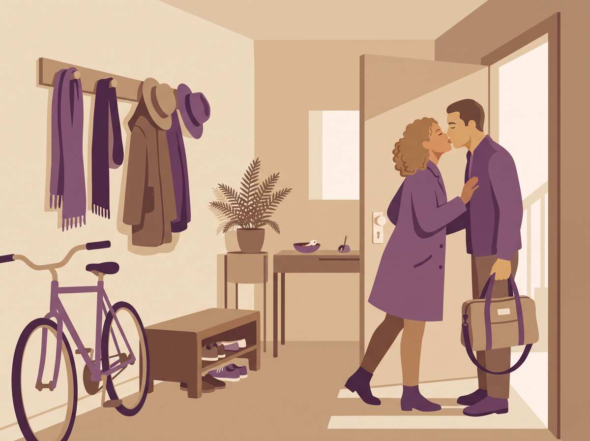 A couple shares a goodbye kiss at their front door before work.