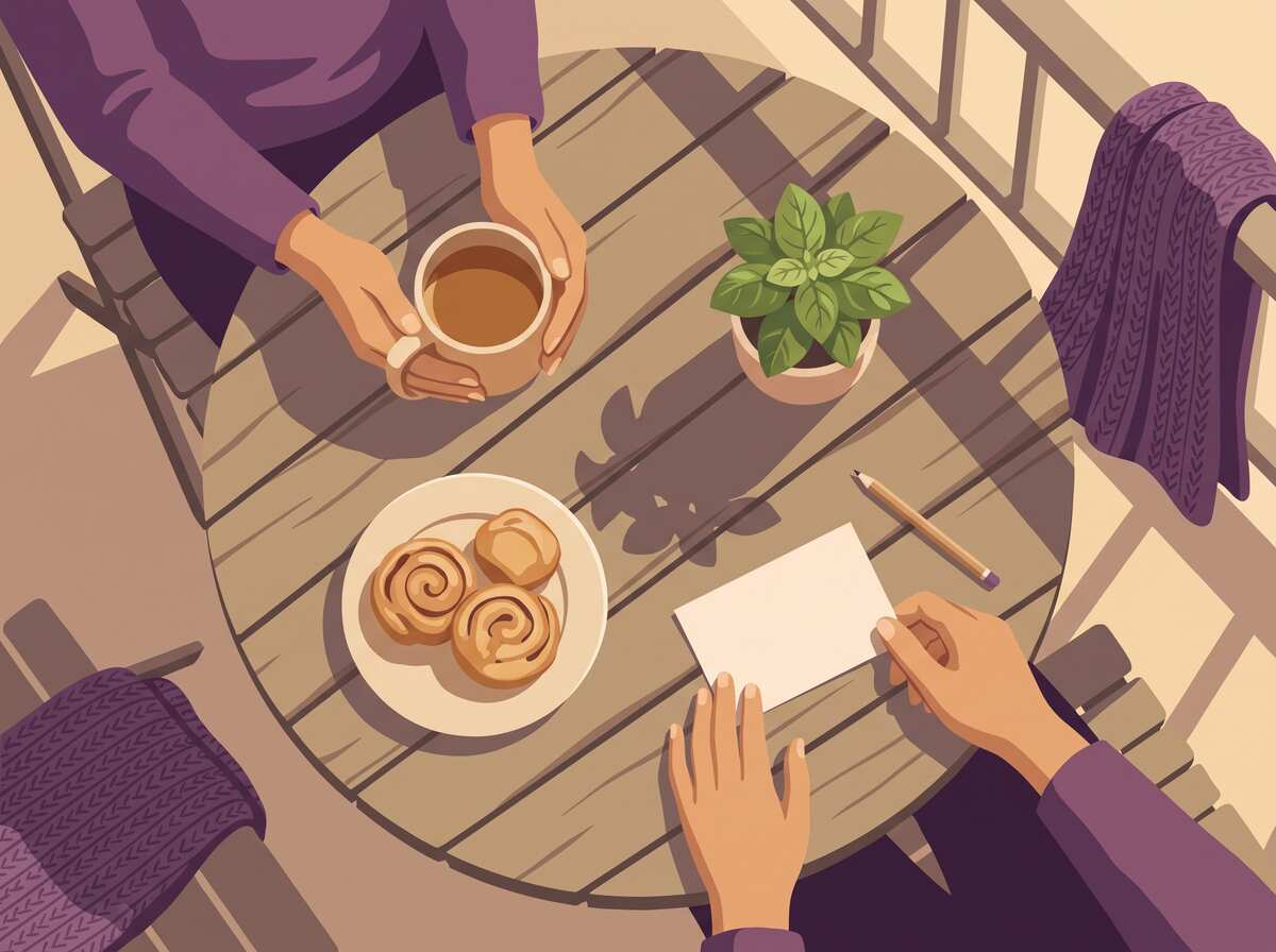 Two pairs of hands share tea and pastries on a small balcony table.