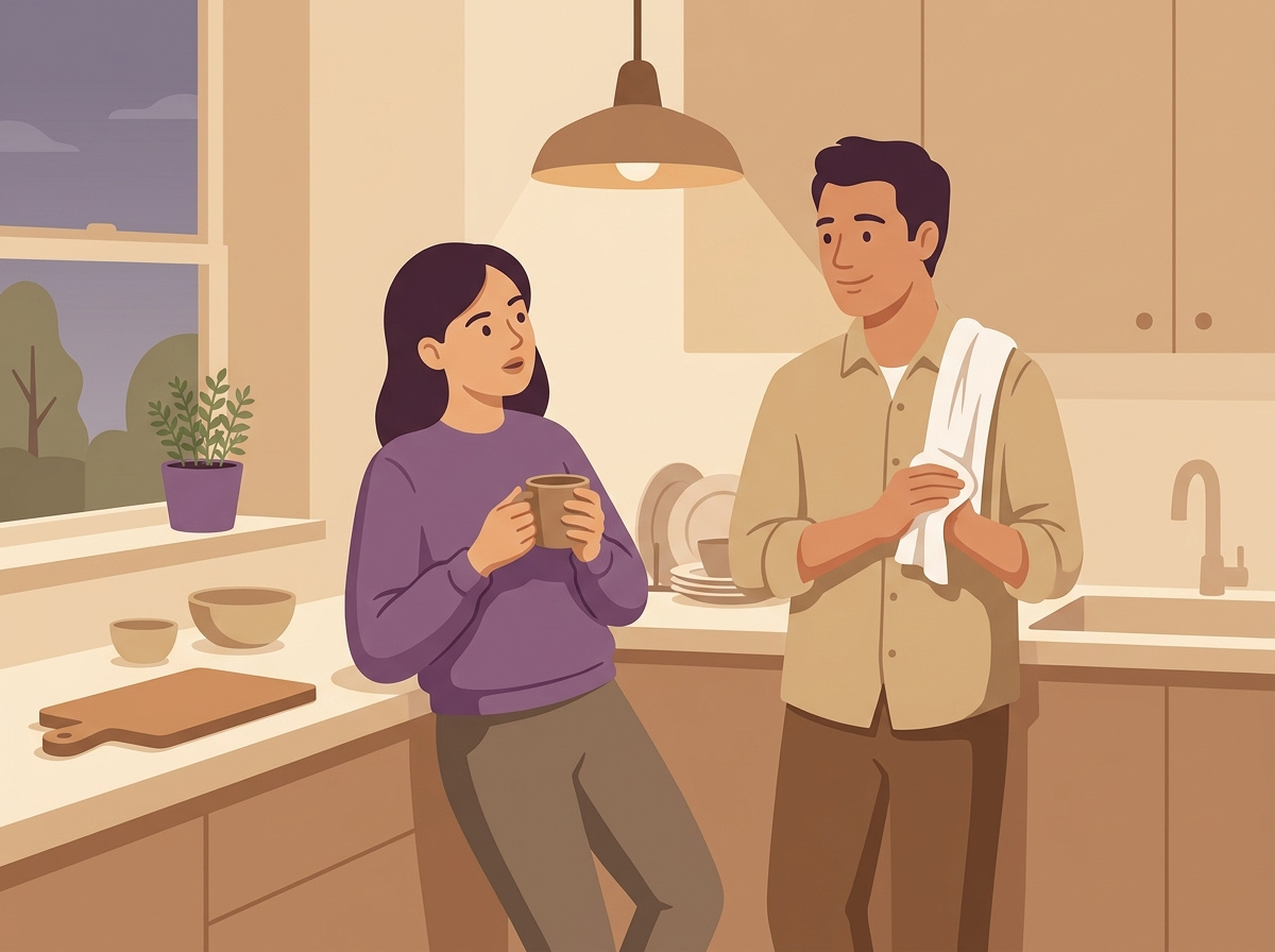 A couple pausing during kitchen cleanup to share a genuine moment of conversation
