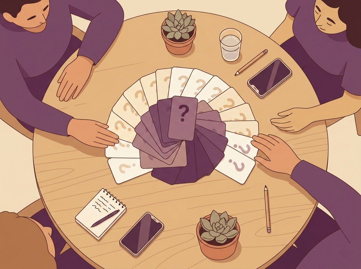 Overhead view of a round table with question cards fanned from light to deep, two pairs of hands reaching toward the center