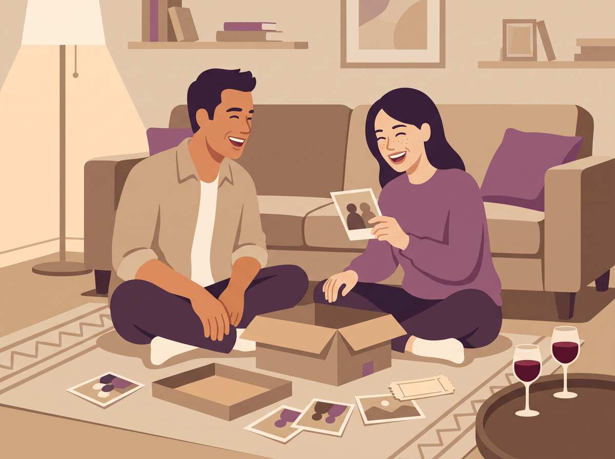 A couple sitting on the living room floor laughing over a shoebox of old photographs.