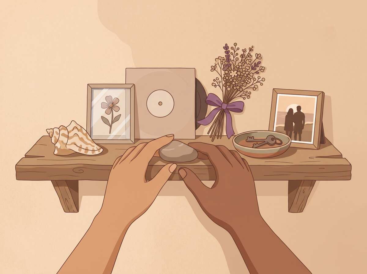 Two hands placing a stone on a shelf of keepsakes that hold a couple's shared memories.