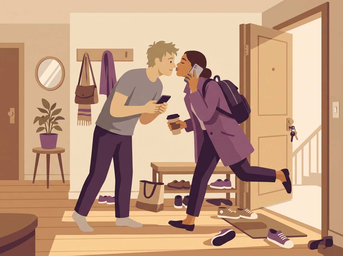 A rushed goodbye peck at the front door while both partners look at their phones.