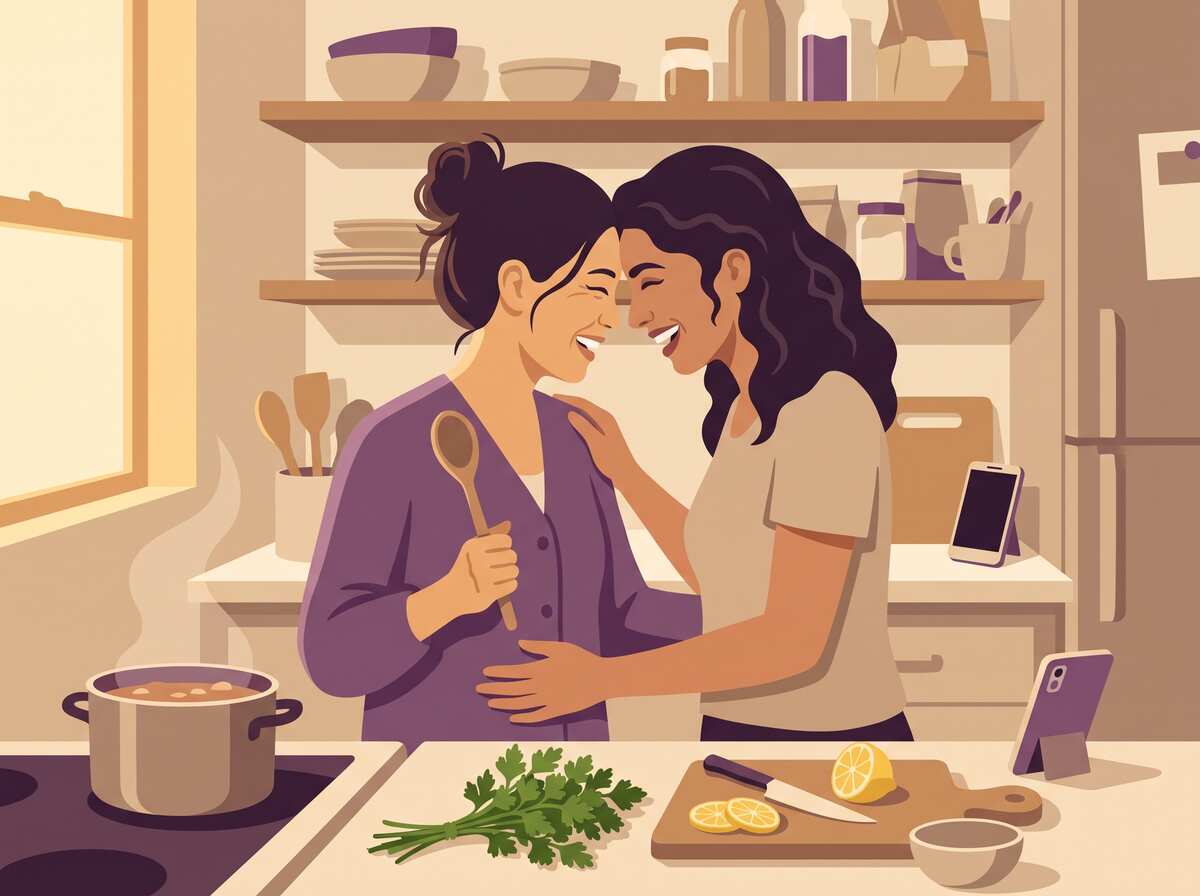 Two women laughing with their foreheads together in the kitchen while dinner cooks.