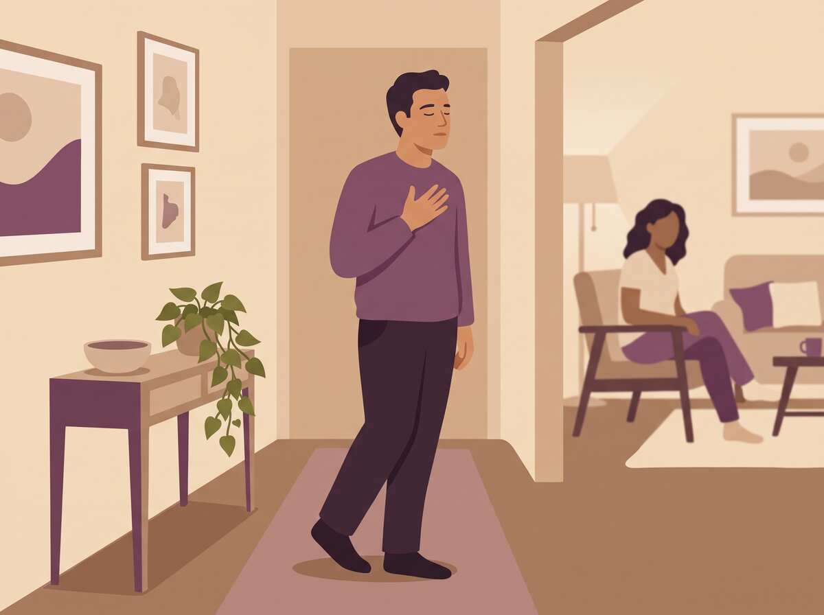 A man pauses in a hallway with a hand on his chest, taking a breath before he responds.