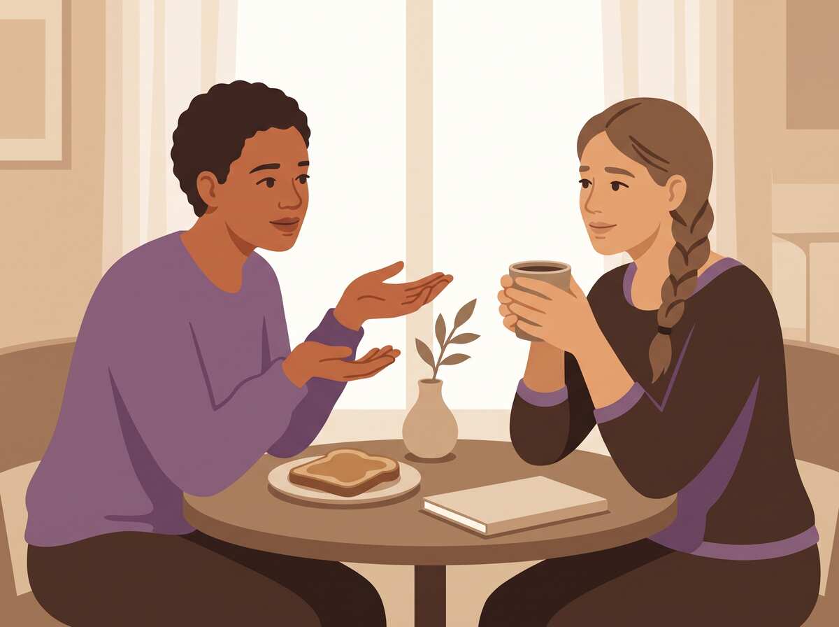 Two women sit at a small table at home while one listens with open palms.