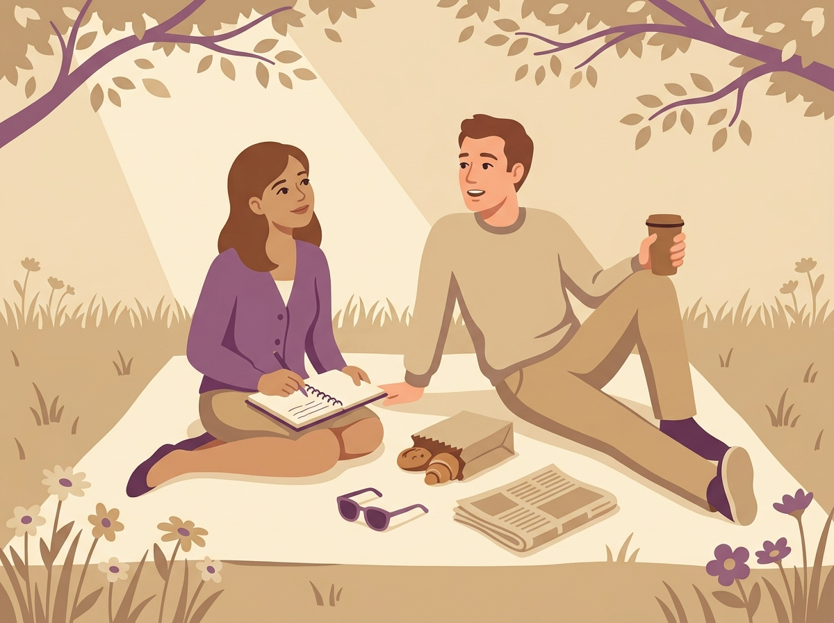 A couple on a picnic blanket in dappled sunlight, sharing a relaxed conversation with notebook and coffee