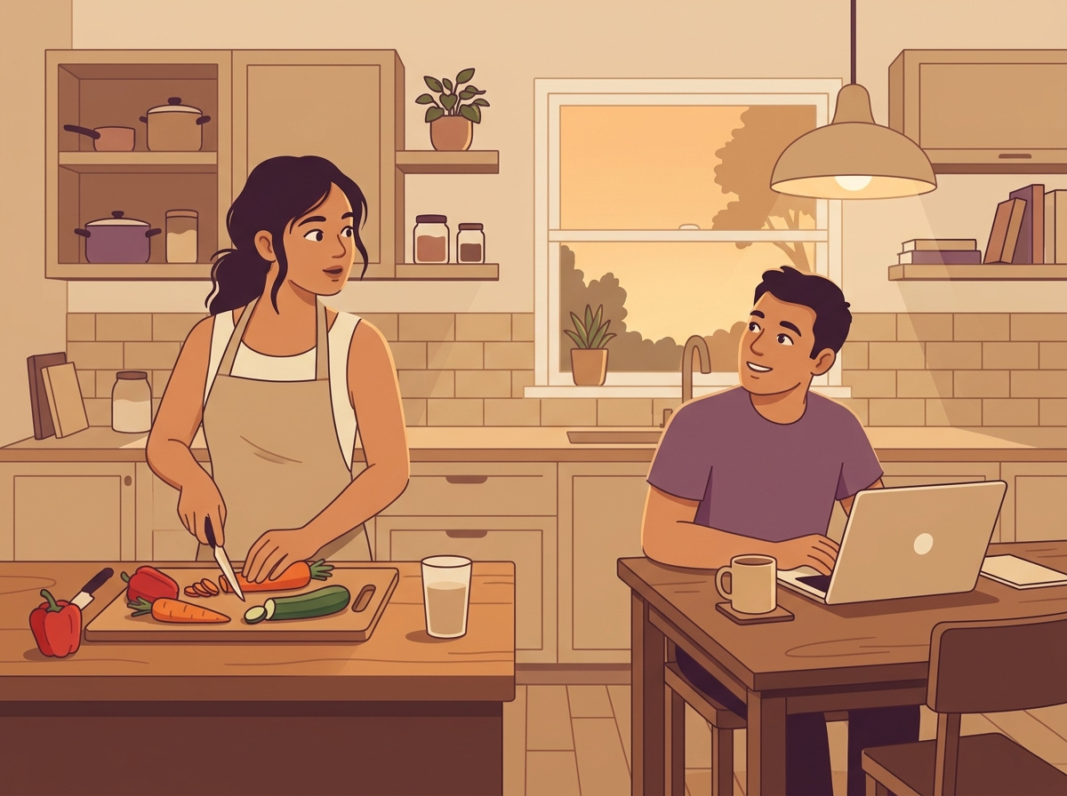 A couple in a kitchen, she looks over her shoulder mid-sentence while cooking, he looks up from his laptop to give her his attention