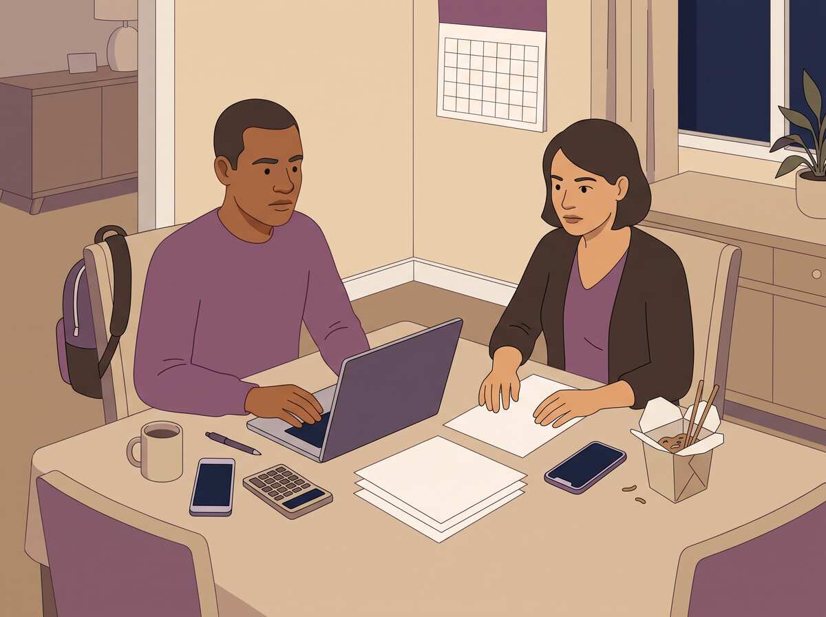 A couple at the dining table at night treating household logistics like a work meeting.